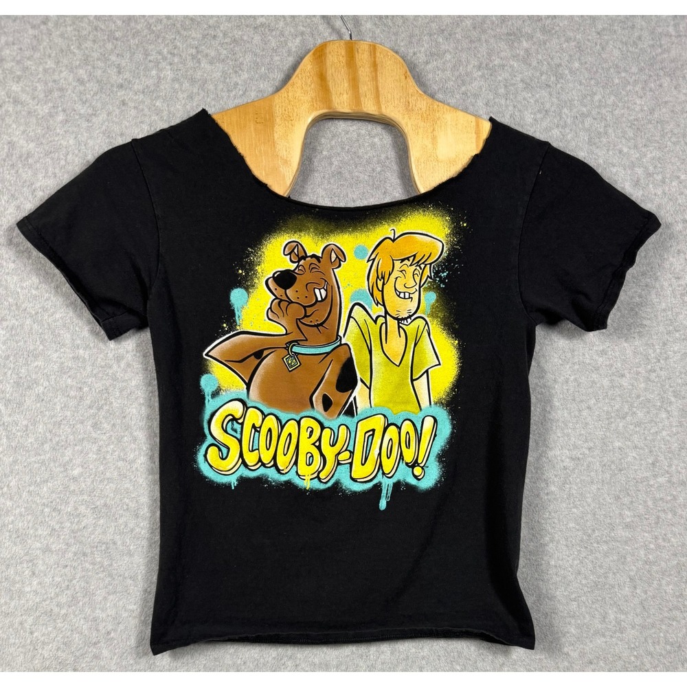 Scooby-Doo Graphic T-Shirt Womens M Black Shaggy Spray Paint Raw Neck DIY